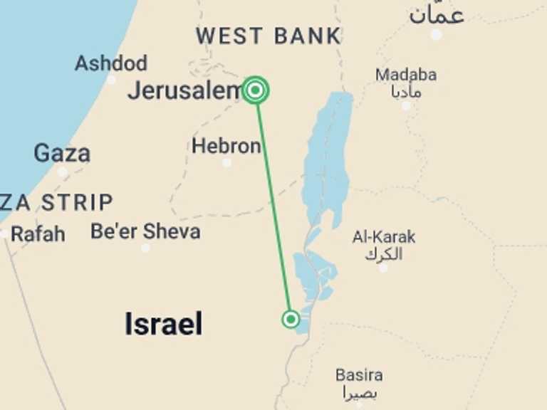 Map of a Spiritual or religious Tour with 2 destination visits for the trip: Jerusalem And Dead Sea Tour, 3 Days From Tel Aviv