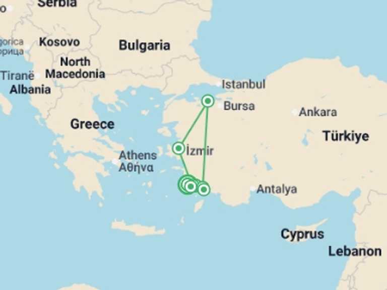 Map of a Cultural, religious and historic sites Tour with 5 destination visits for the trip: Turkish Delight - 8 Days
