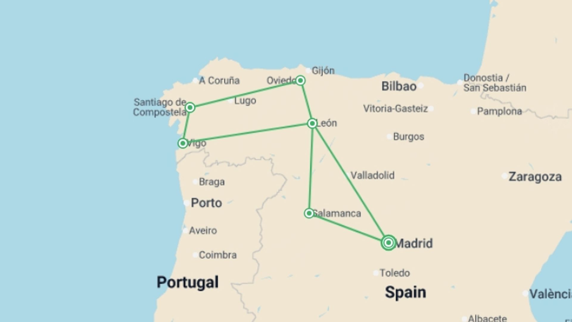 A map showing the tour itinerary for the trip: 6 Day Asturias & Galicia Guided Tour From Madrid (c-261), starting in Madrid, Spain and ending in Madrid, Spain going through 4 other destinations.