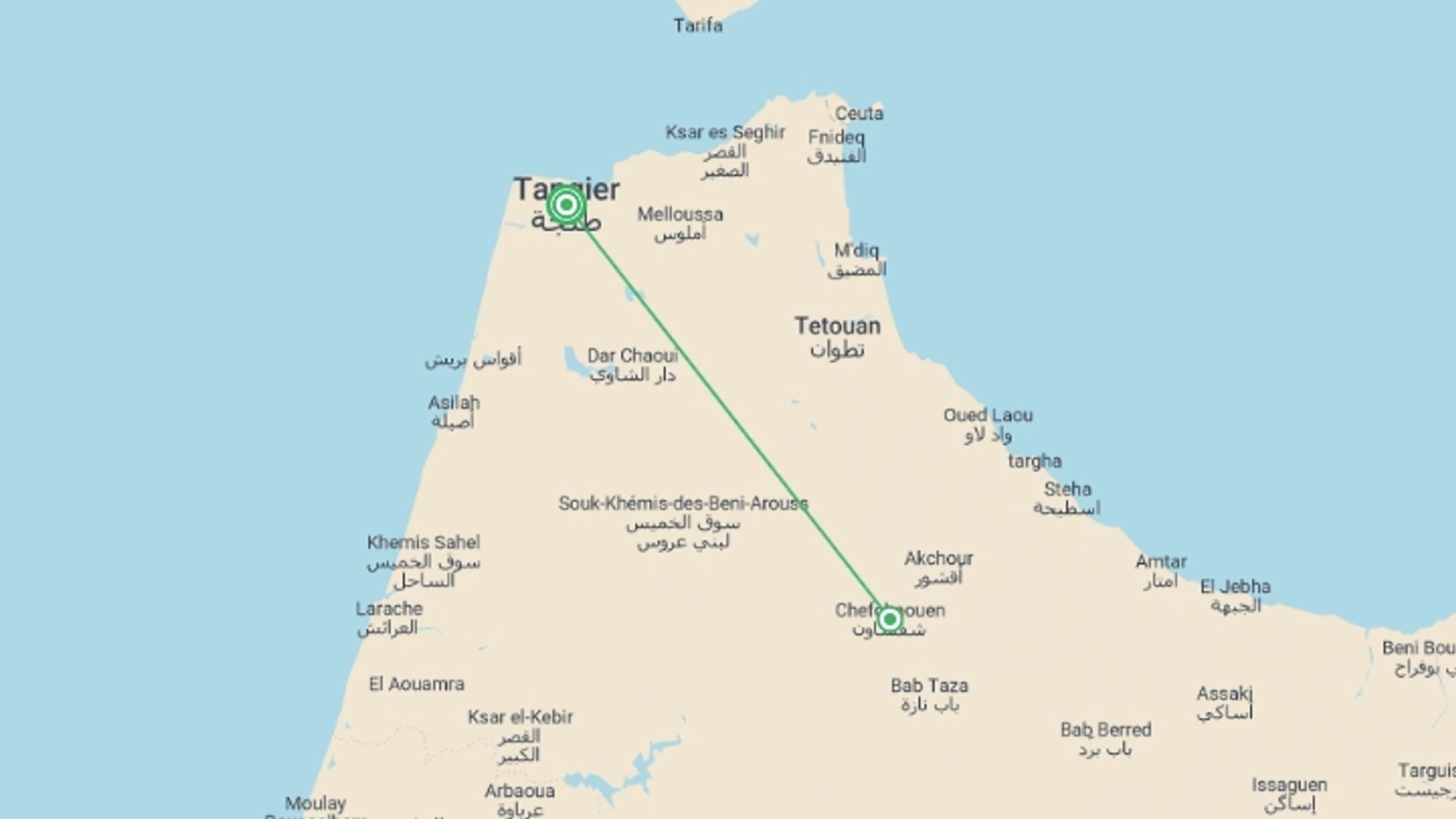 A map showing the tour itinerary for the trip: Tangier & Chefchaouen - 4 days, starting in Tangier, Morocco and ending in Tangier, Morocco going through 0 other destinations.