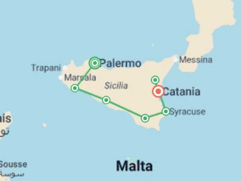 Map of Europe Explorer Tour with 7 destination visits for the trip: Splendours of Sicily