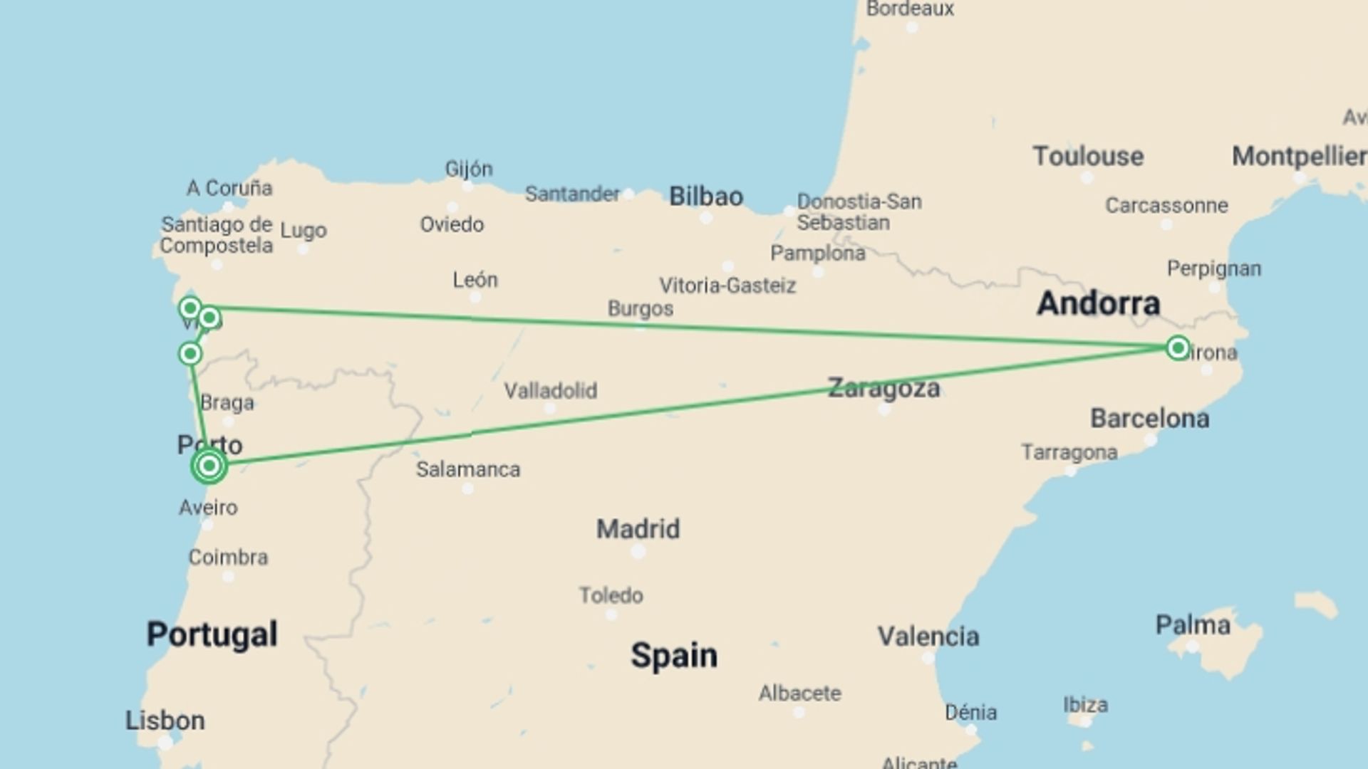 A map showing the tour itinerary for the trip: Seafood and Paradores Bike Tour - Wine & Food Lovers, starting in Porto, Portugal and ending in Porto, Portugal going through 6 other destinations.