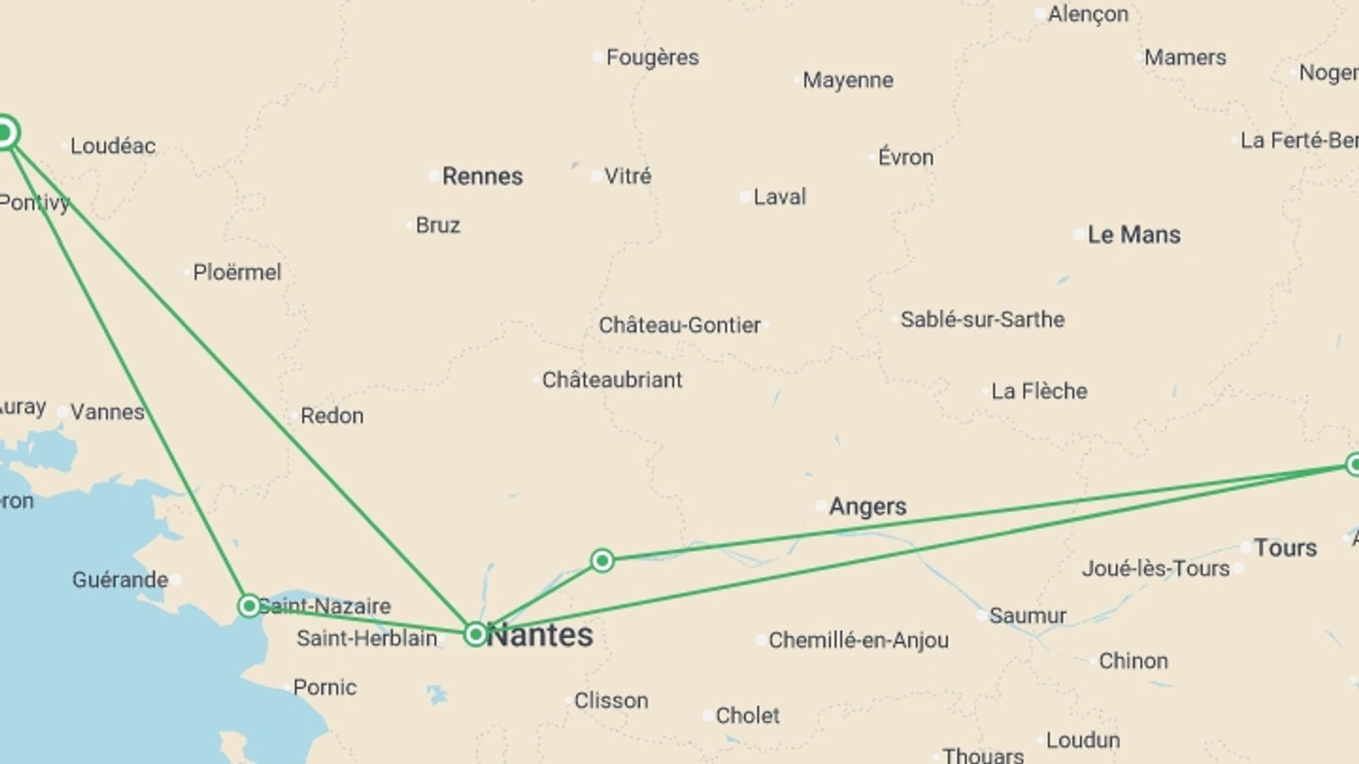 A map showing the tour itinerary for the trip: The Loire Valley, a Royal legacy (port-to-port cruise), starting in Brittany, France and ending in Brittany, France going through 3 other destinations.