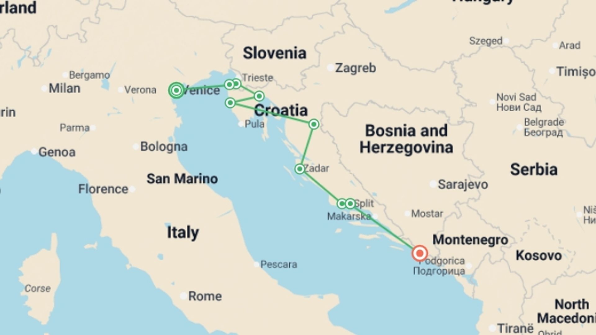 A map showing the tour itinerary for the trip: Pearls of the Adriatic: A Small Group Escape, starting in Venice, Italy and ending in Dubrovnik, Croatia going through 4 other destinations.