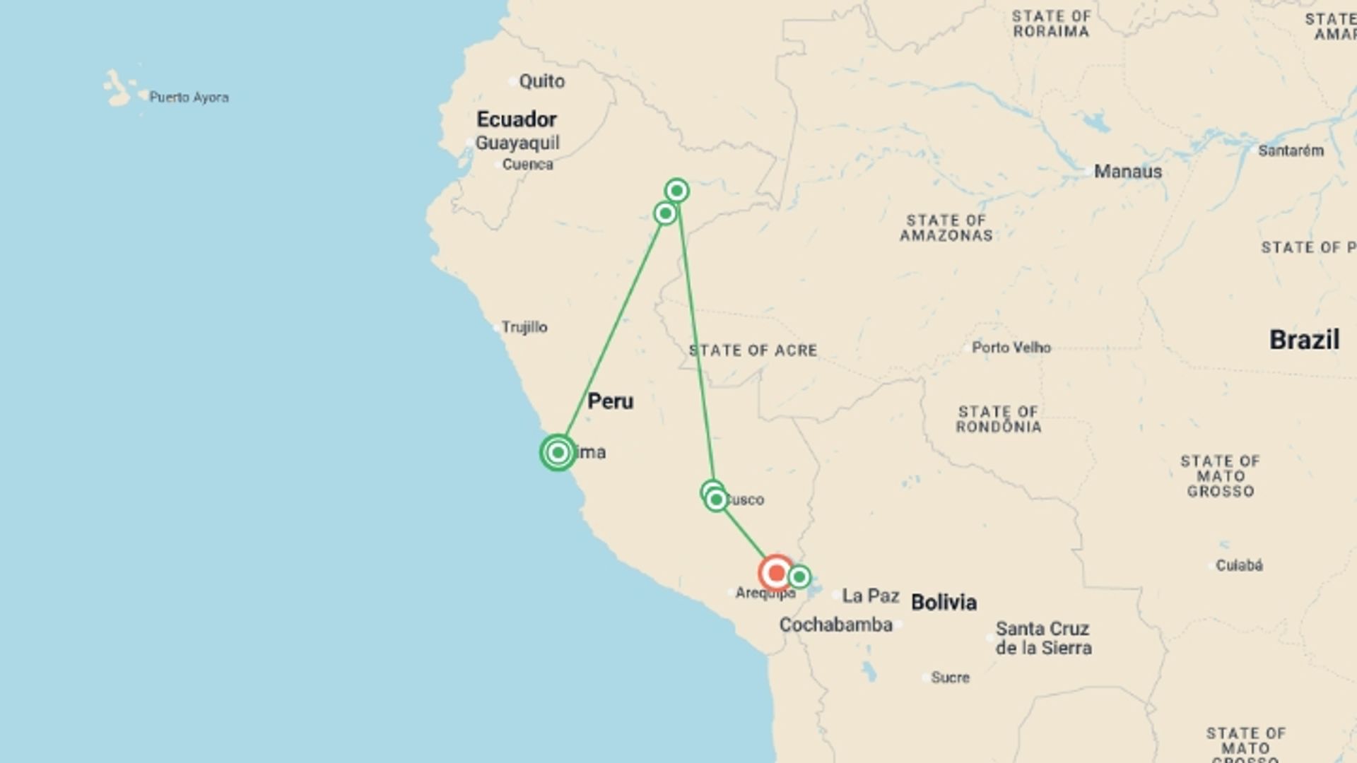 A map showing the tour itinerary for the trip: Peru & Iquitos Amazon Cruise - 11 days, starting in Lima, Peru and ending in Puno, Peru going through 5 other destinations.