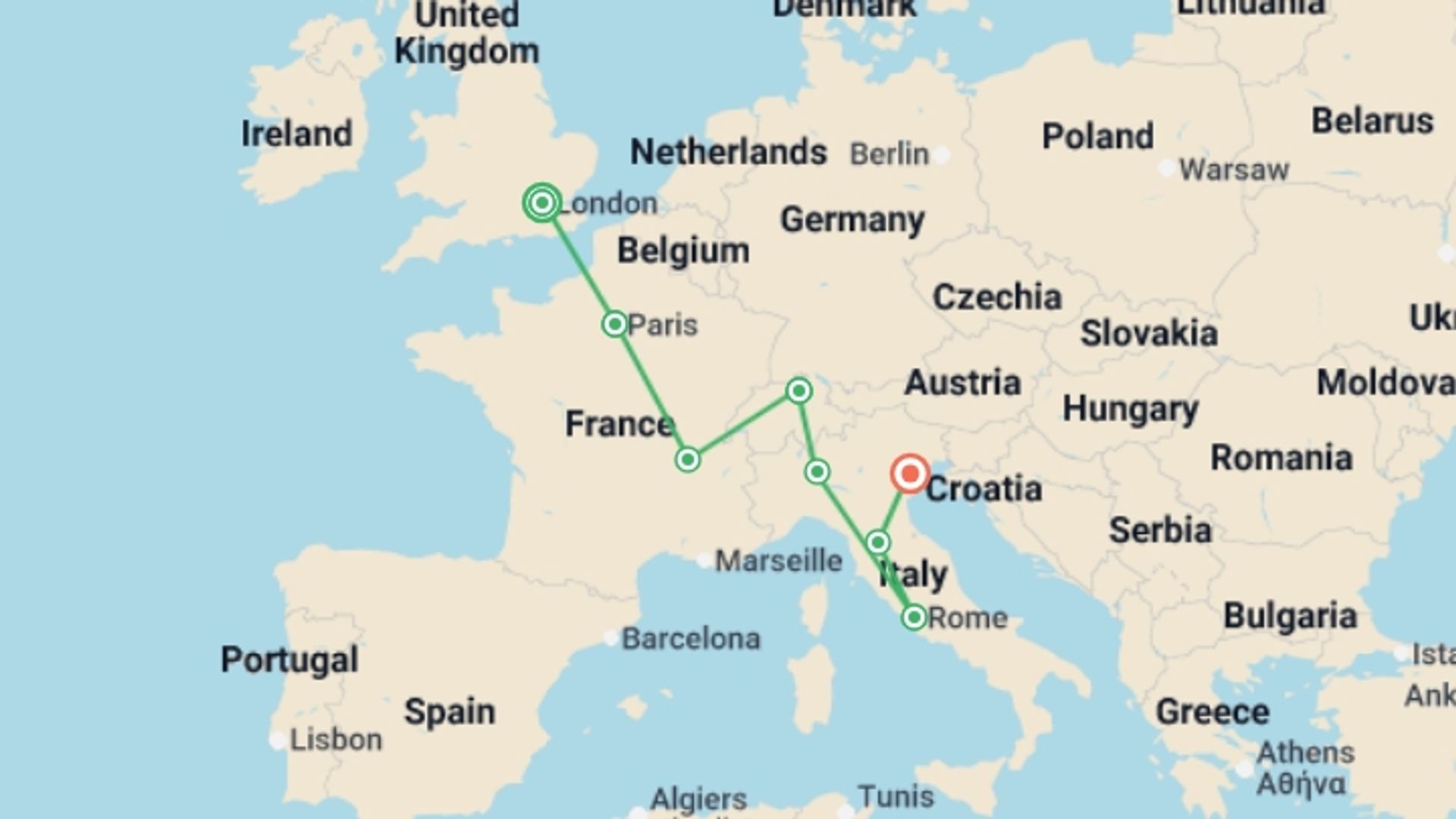 A map showing the tour itinerary for the trip: Spectacular Europe End Venice, starting in London, England and ending in Venice, Italy going through 6 other destinations.