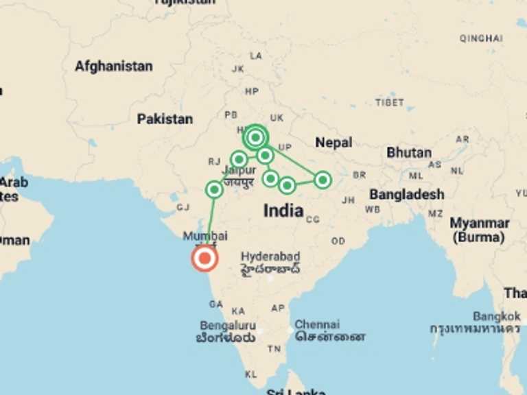 Map of 14-Day New Delhi Tour with 7 destination visits for the trip: Northern India Jewels