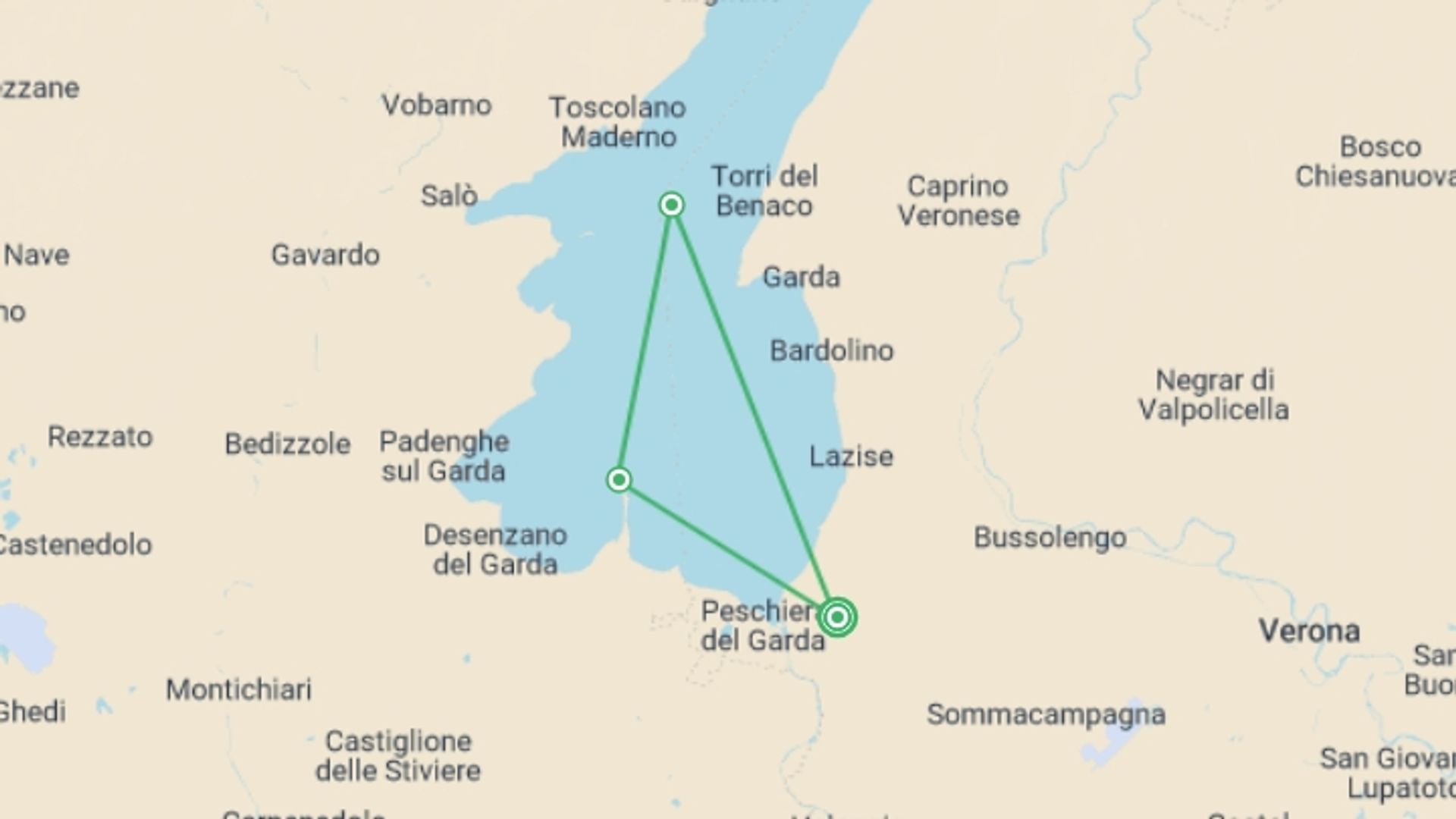 A map showing the tour itinerary for the trip: Discovering Verona, starting in Verona, Italy and ending in Verona, Italy going through 0 other destinations.