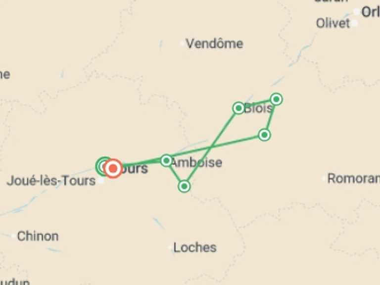 Map itinerary of France Tour in Summer with 7 destination visits for the trip: Cycling in France - Loire Valley
