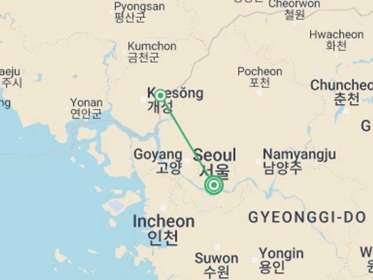 Map itinerary of Asia Tour in October 2026 with 2 destination visits for the trip: Seoul, Historic Islands & Dmz Tour