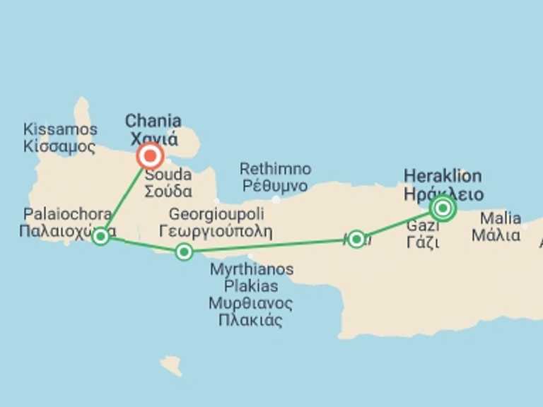 Map itinerary of Greece Tour in July 2027 with 4 destination visits for the trip: Highlights of Crete