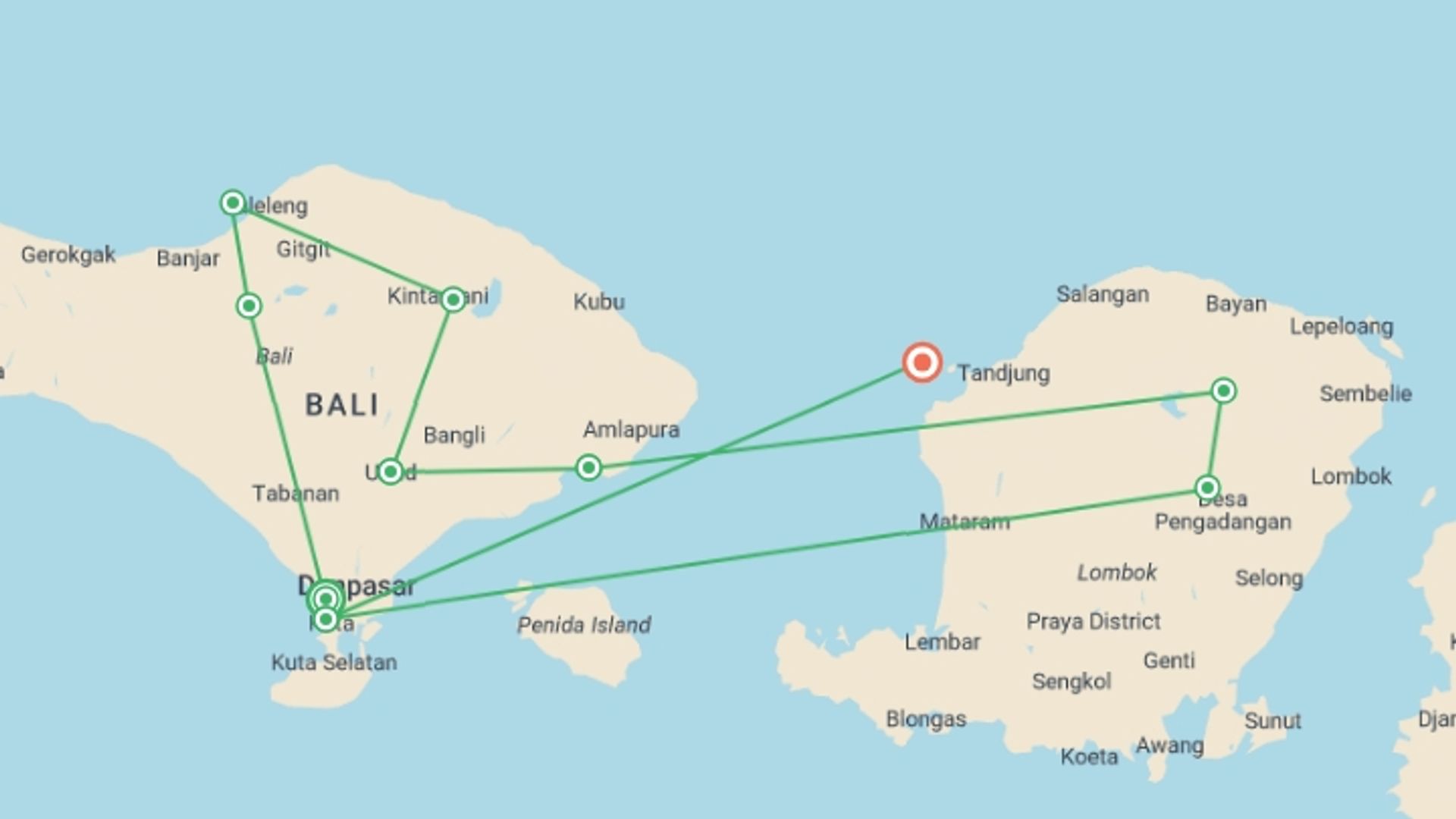 A map showing the tour itinerary for the trip: Indonesia: Bali to Lombok, starting in Seminyak , Indonesia and ending in Gili Trawangan, Indonesia going through 9 other destinations.
