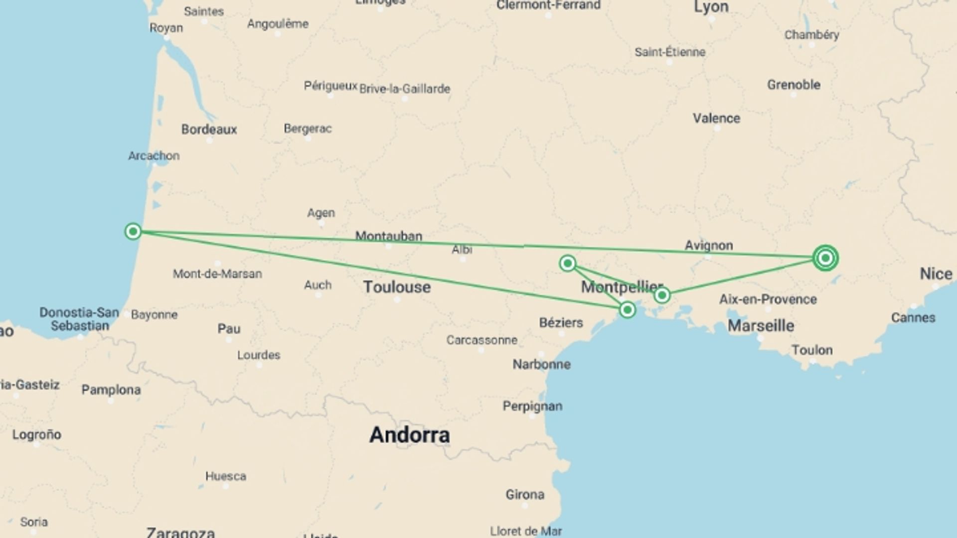 A map showing the tour itinerary for the trip: A Taste of the Mediterranean: A Cruise through the Heart of Provence and the Camargue Region (port-to-port cruise), starting in Provence, France and ending in Provence, France going through 4 other destinations.