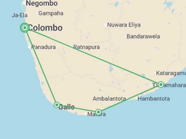 Map itinerary of Asia Tour in July 2026 with 2 destination visits for the trip: Experience The Diverse South Of Sri Lanka, Private Tour