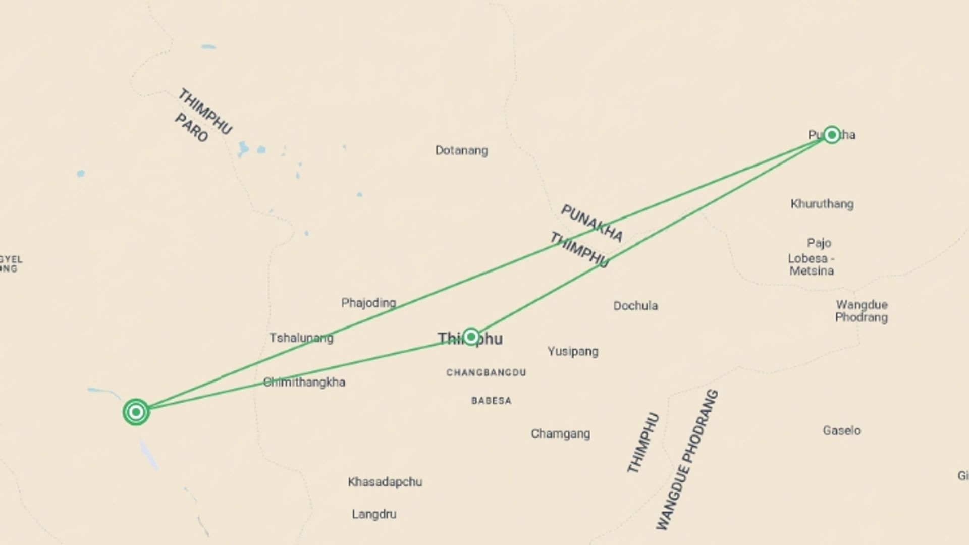 A map showing the tour itinerary for the trip: Luxury Bhutan Tour: From Thimphu to Tiger’s Nest, starting in Paro, Bhutan and ending in Paro, Bhutan going through 2 other destinations.