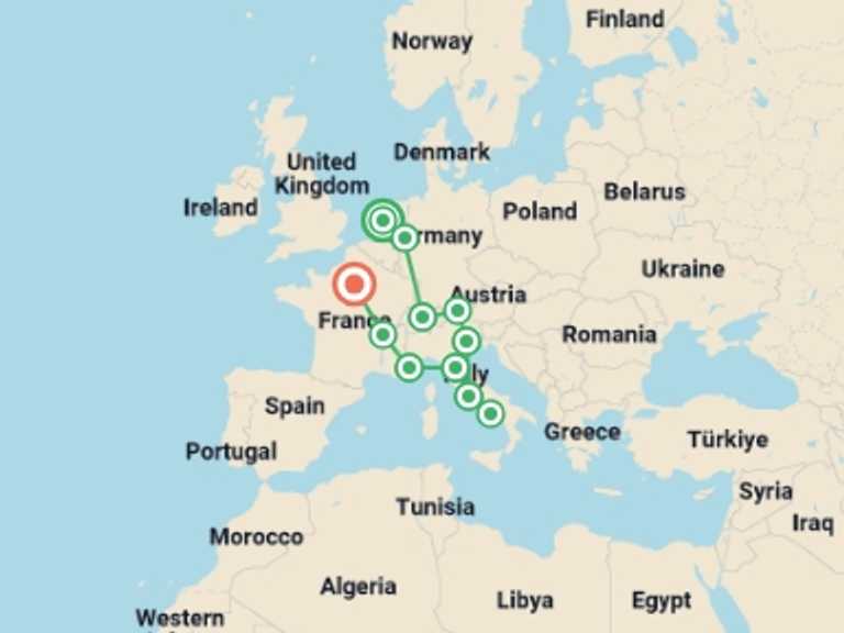 Map of Europe River cruise Tour with 12 destination visits for the trip: Traditional Europe