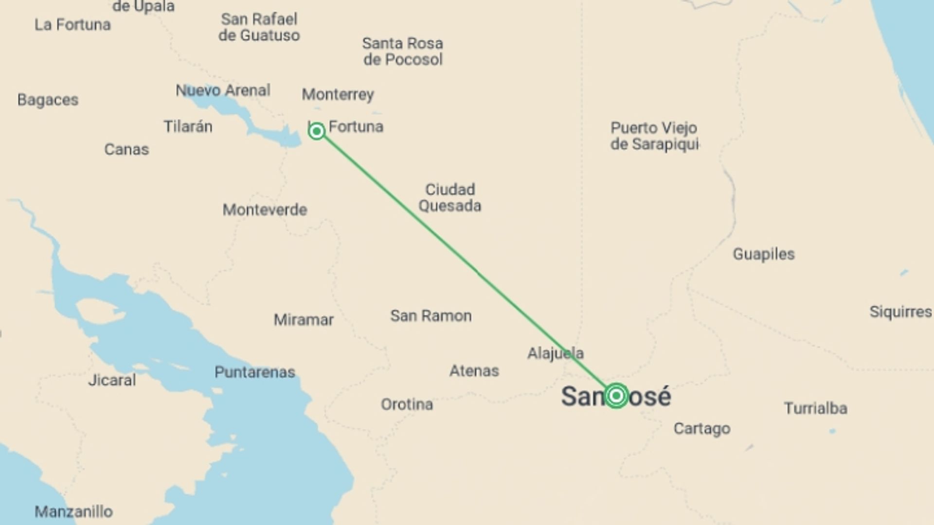 A map showing the tour itinerary for the trip: Costa Rican Adventure, starting in San Jose, Costa Rica and ending in San Jose, Costa Rica going through 1 other destinations.