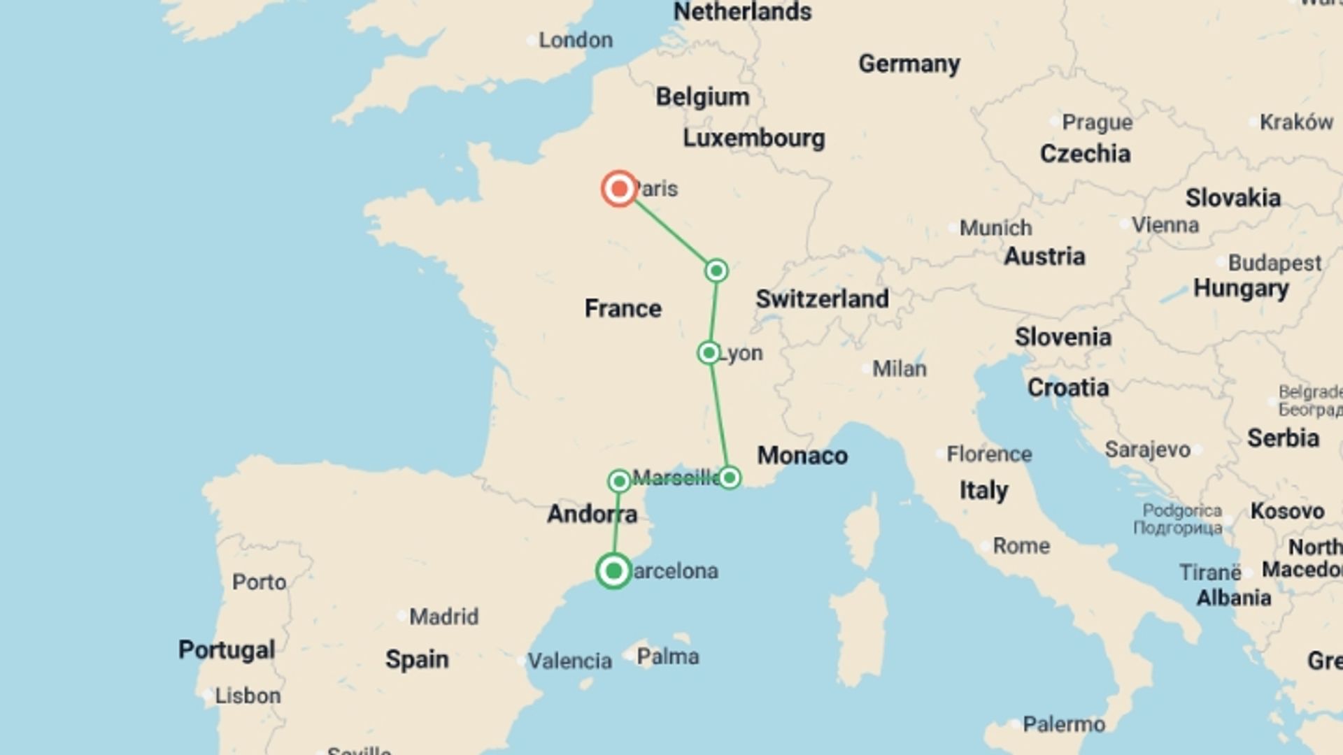 A map showing the tour itinerary for the trip: Catalonia, Provence, Burgundy with Paris, starting in Barcelona, Spain and ending in Paris, France going through 4 other destinations.