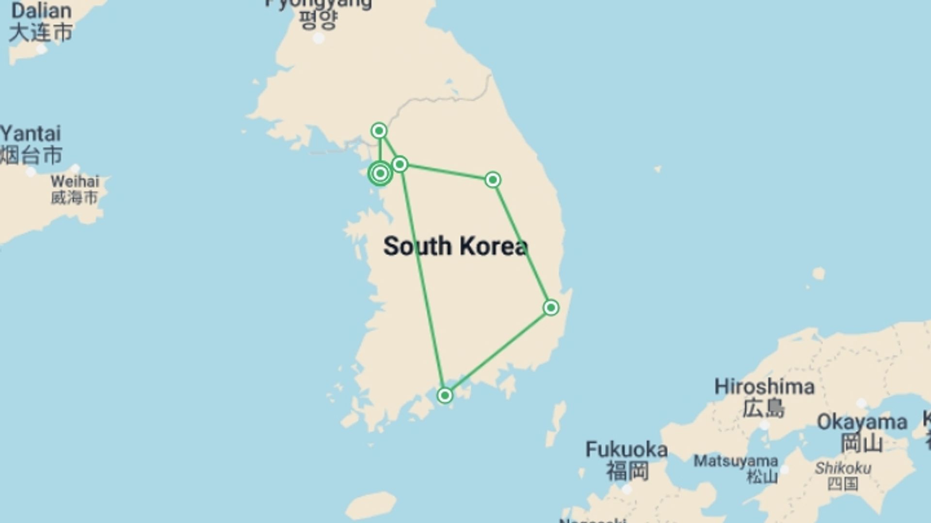 A map showing the tour itinerary for the trip: Golden Route Korea, starting in Incheon, South Korea and ending in Incheon, South Korea going through 8 other destinations.