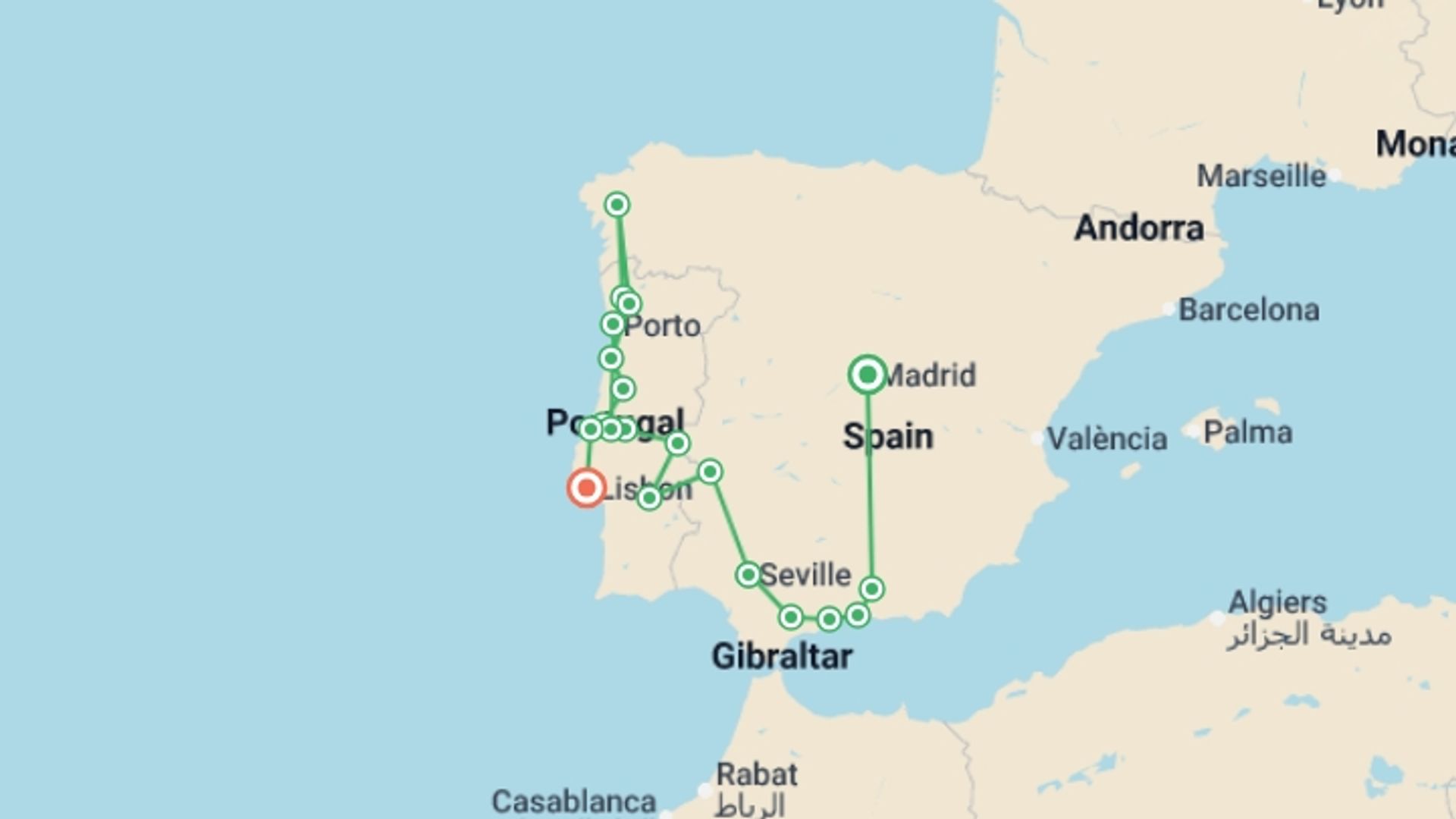 A map showing the tour itinerary for the trip: Andalusia and Portugal completely, starting in Madrid, Spain and ending in Lisbon, Portugal going through 6 other destinations.
