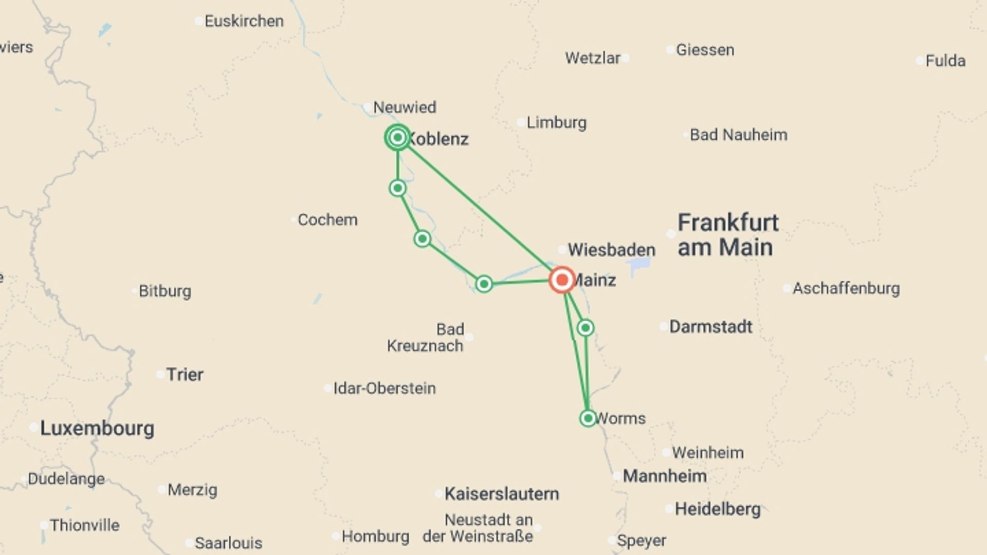 A map showing the tour itinerary for the trip: Rhine Valley Bike & Barge, starting in Koblenz, Germany and ending in Mainz, Germany going through 4 other destinations.