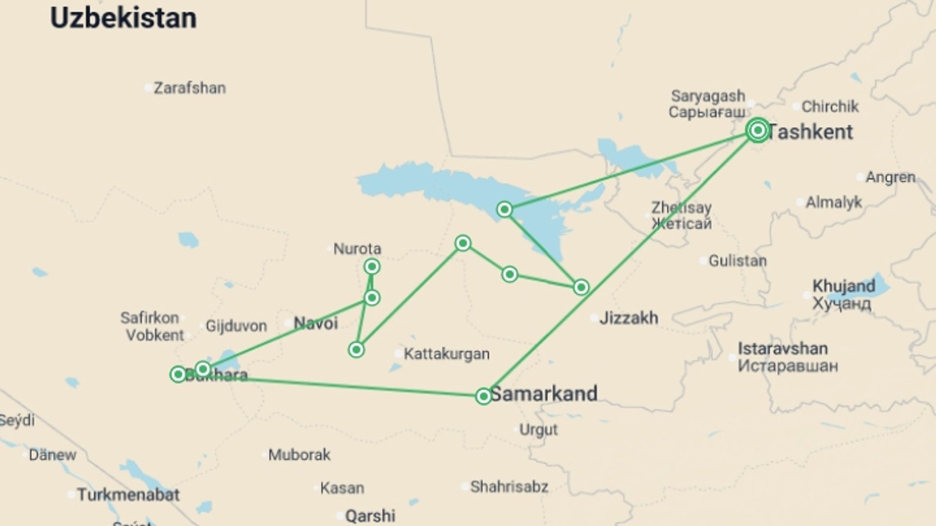 A map showing the tour itinerary for the trip: Uzbekistan by Bike, starting in Tashkent, Uzbekistan and ending in Tashkent, Uzbekistan going through 10 other destinations.