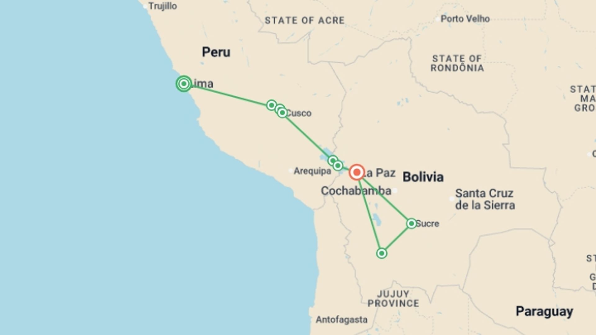 A map showing the tour itinerary for the trip: Best of Peru & Bolivia - 15 days, starting in Lima, Peru and ending in La Paz, Bolivia going through 7 other destinations.
