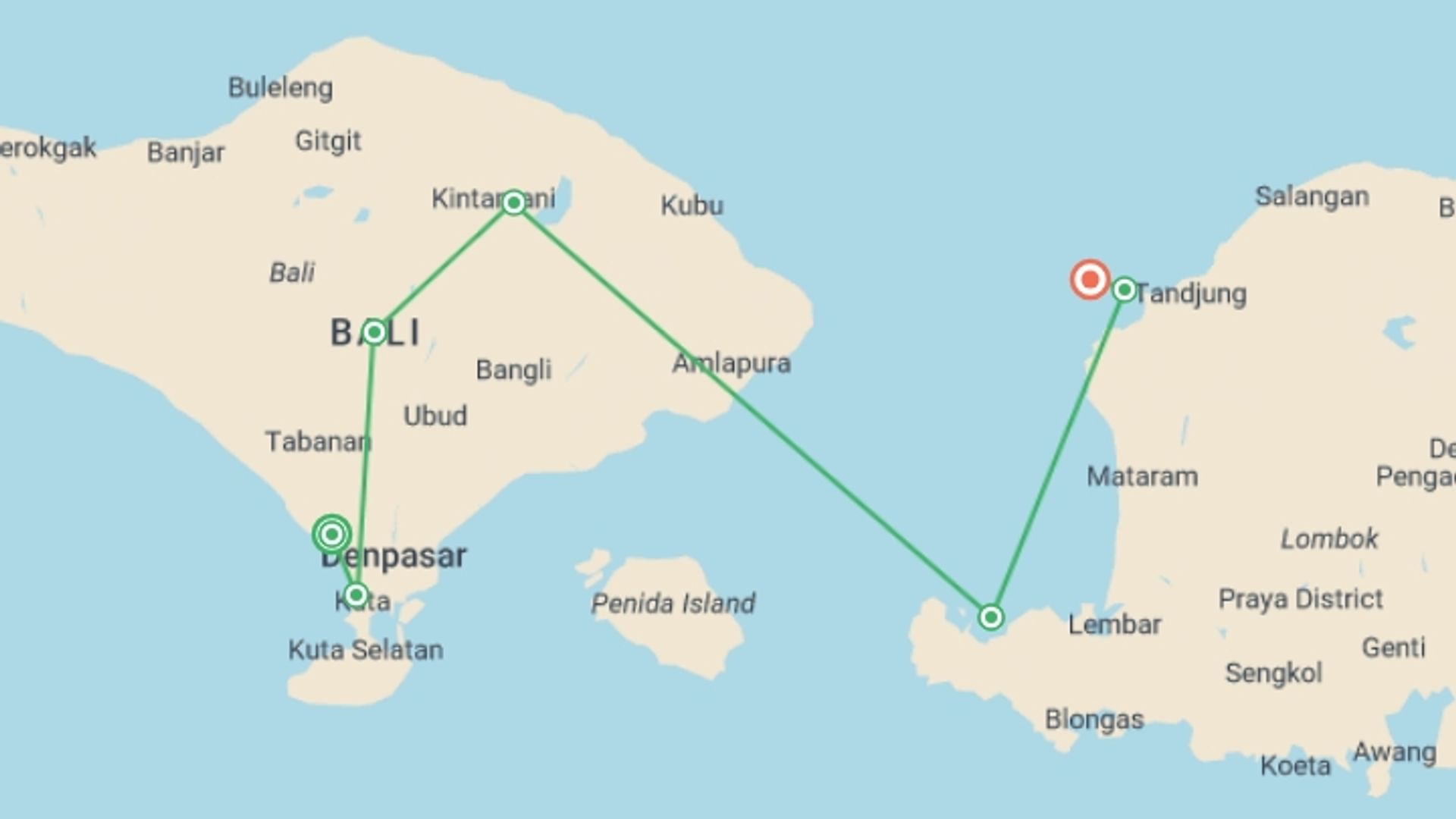 A map showing the tour itinerary for the trip: Bali Experience, starting in Canggu, Indonesia and ending in Gili Trawangan, Indonesia going through 5 other destinations.