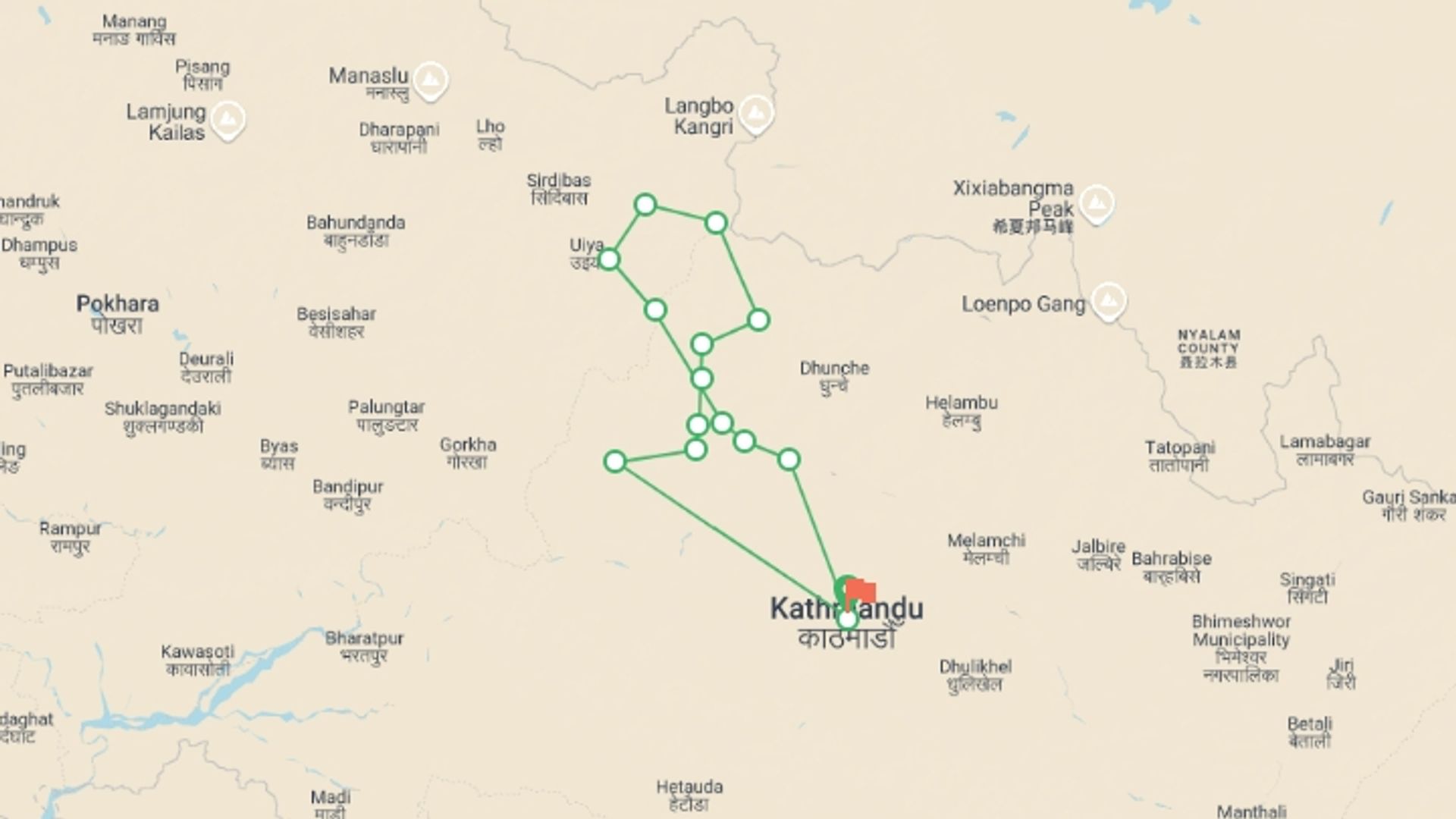 A map showing the tour itinerary for the trip: Ganesh Himal Trekking Tour, starting in Kathmandu, Nepal and ending in Kathmandu, Nepal going through 14 other destinations.