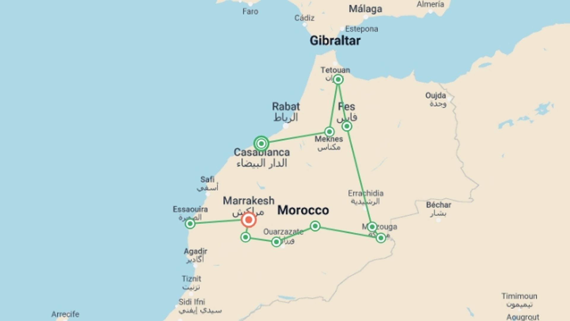 A map showing the tour itinerary for the trip: Premium Morocco in Depth with Essaouira, starting in Casablanca, Morocco and ending in Marrakech, Morocco going through 9 other destinations.