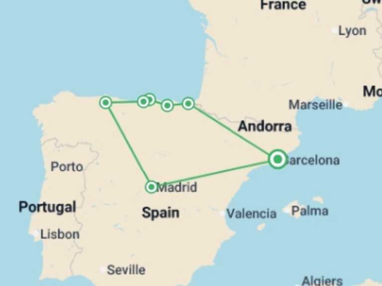 Map itinerary of Madrid Tour in July 2026 with 5 destination visits for the trip: 4 Day Guided Tour Basque Country And Oviedo From Barcelona (c-742)