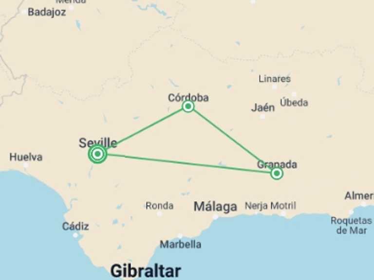 Map itinerary of Spain Tour in February 2026 with 2 destination visits for the trip: Must Of Andalusia, Self-drive