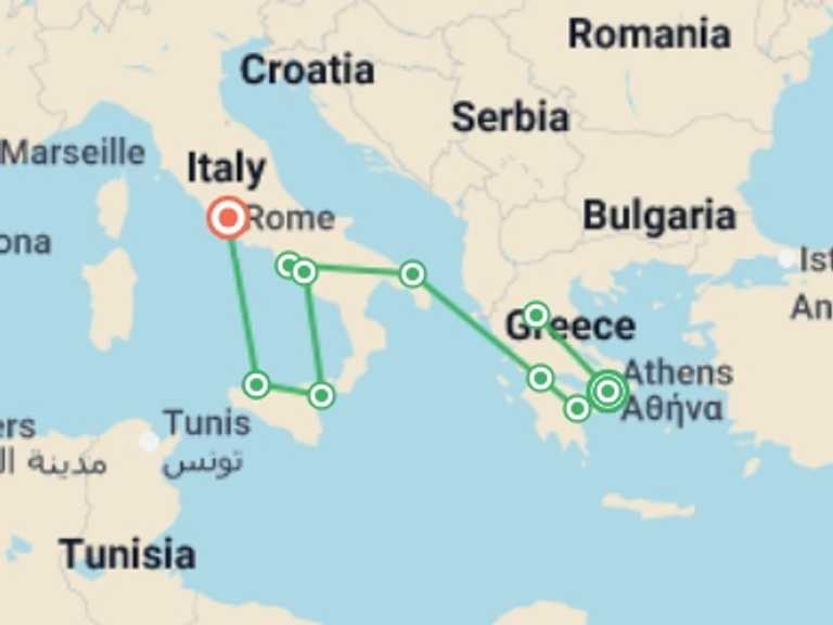 Map itinerary of Mediterranean Tour in Spring with 10 destination visits for the trip: Complete Greece To Sicily End Rome