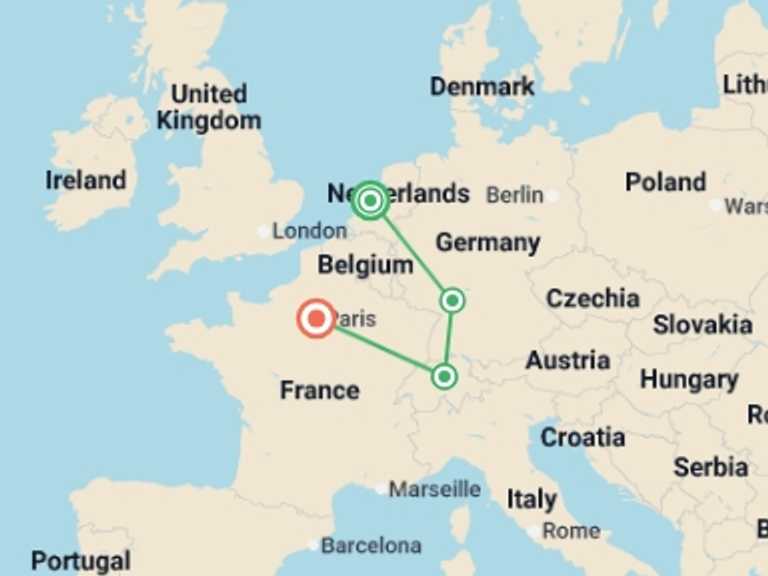 Map itinerary of London Tour in December 2026 with 5 destination visits for the trip: European Highlights