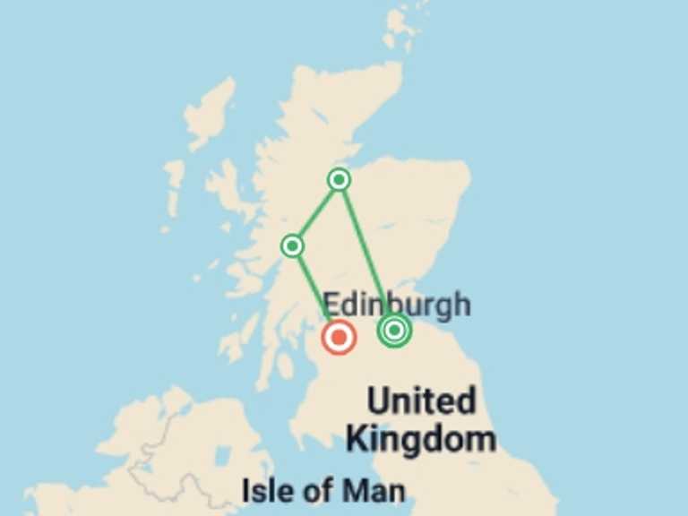 Map of Glasgow Tour with 4 destination visits for the trip: Highlights of Scotland