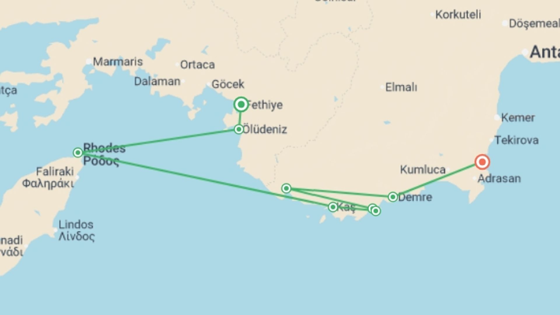 A map showing the tour itinerary for the trip: Fethiye to Olympos Express - 4 days, starting in Fethiye, Turkey and ending in Olympos, Turkey going through 5 other destinations.
