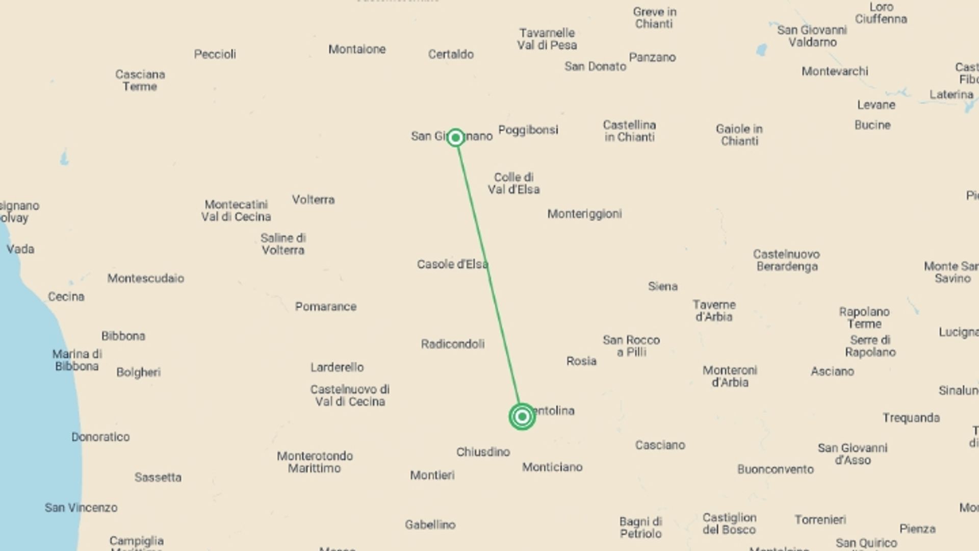 A map showing the tour itinerary for the trip: Timeless Tuscany: A Tuscan Villa Experience, starting in Tuscany, Italy and ending in Tuscany, Italy going through 1 other destinations.