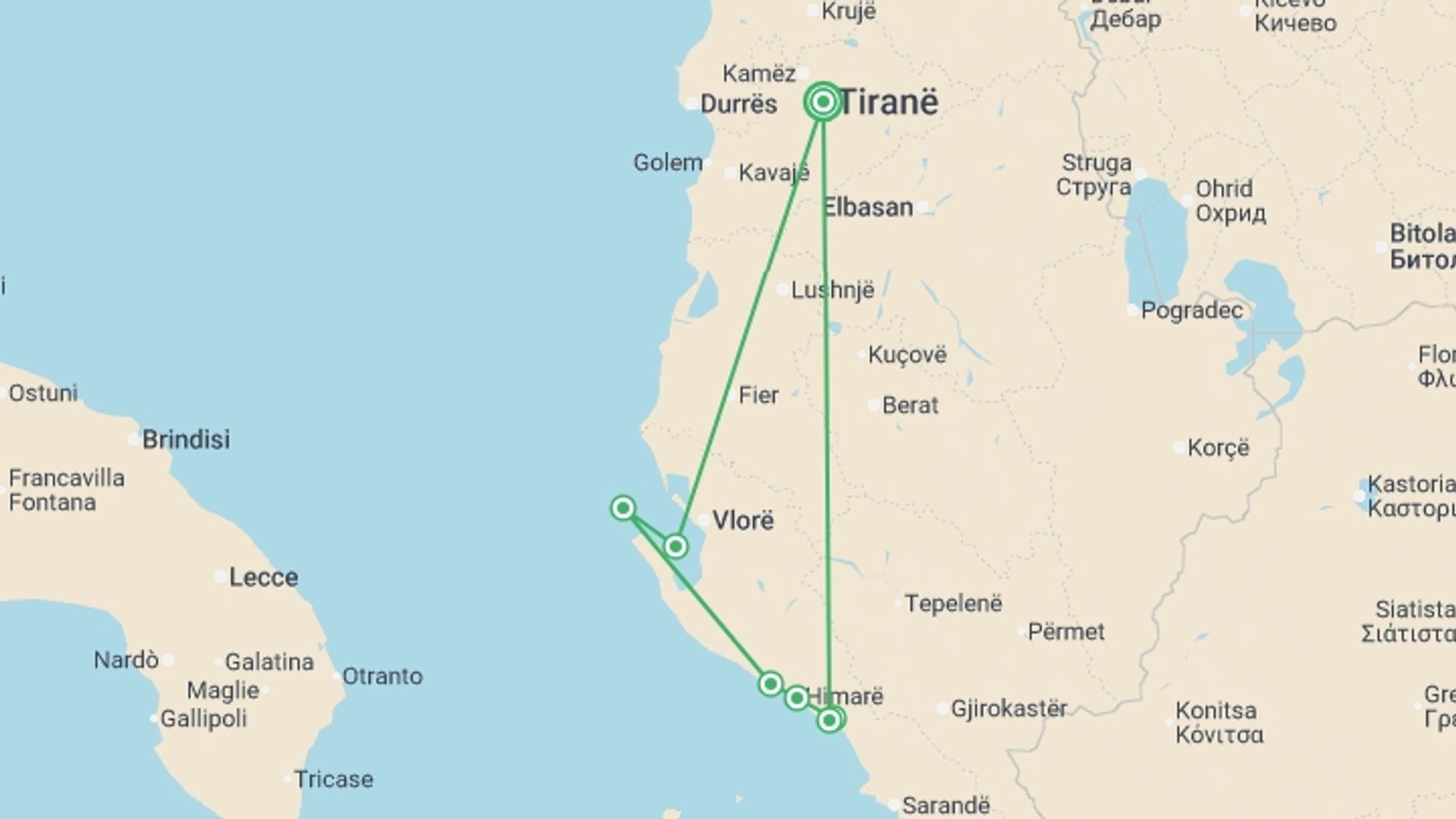 A map showing the tour itinerary for the trip: Walking Albania's Coastal Trails, starting in Tirana, Albania and ending in Tirana, Albania going through 0 other destinations.