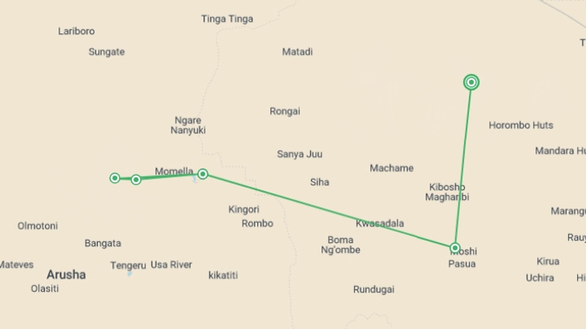 A map showing the tour itinerary for the trip: Mount Meru Route, Silver Level Climb (on Request), starting in Kilimanjaro, Tanzania and ending in Kilimanjaro, Tanzania going through 3 other destinations.
