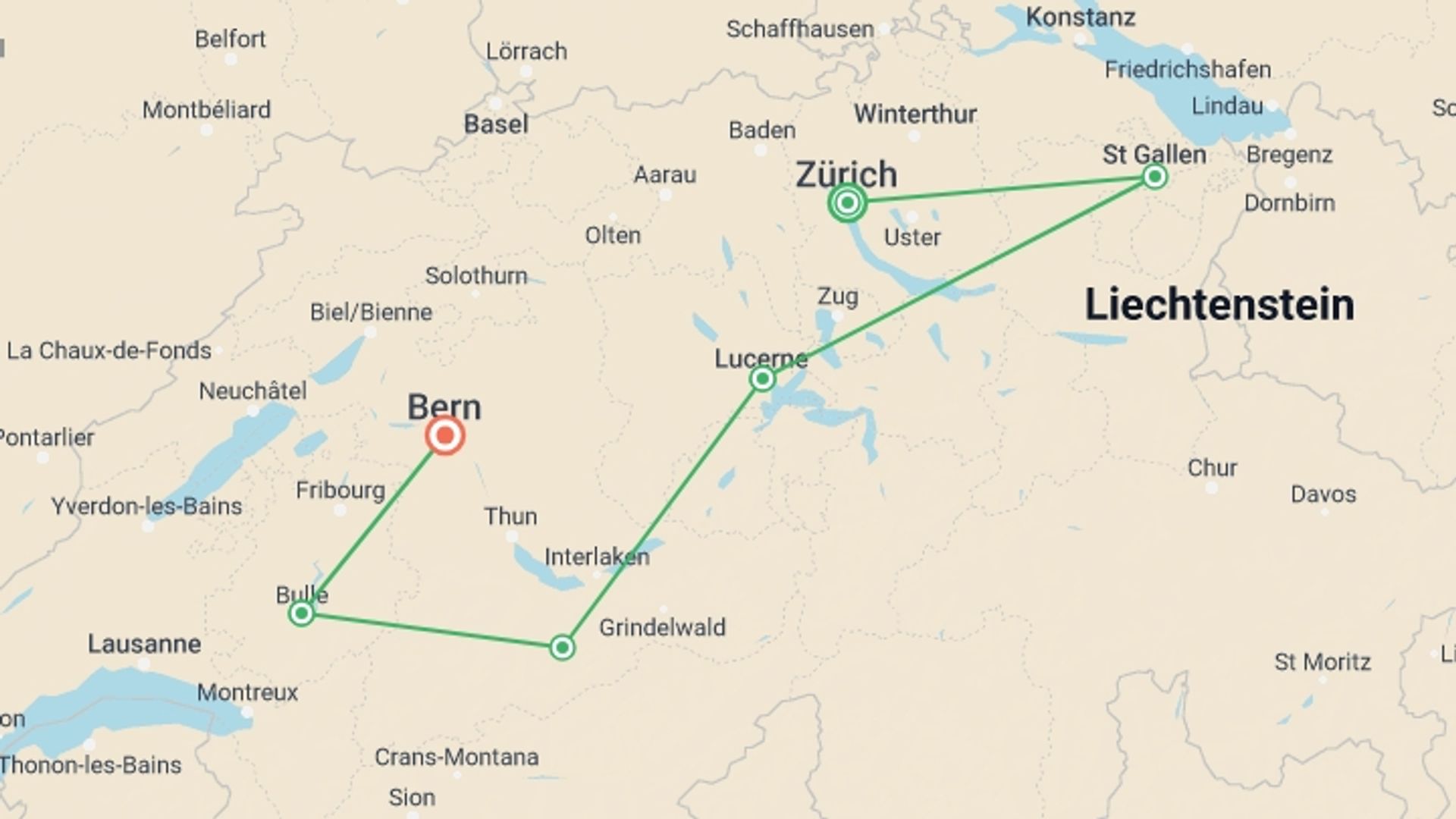 A map showing the tour itinerary for the trip: Best of Switzerland, starting in Zurich, Switzerland and ending in Bern, Switzerland going through 4 other destinations.