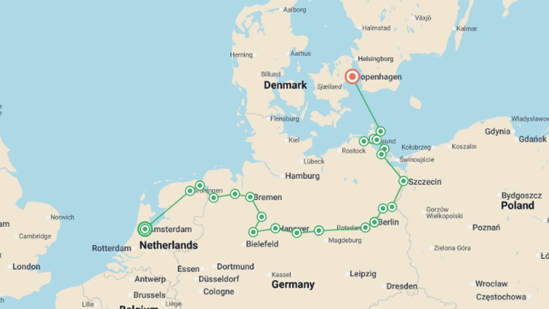 A map showing the tour itinerary for the trip: From Amsterdam to Copenhagen, explore the northern canals by cruising  the Elbe, the Havel, the Oder and the Baltic sea (port-to-port cruise), starting in Amsterdam, Holland and ending in Copenhagen, Denmark going through 13 other destinations.