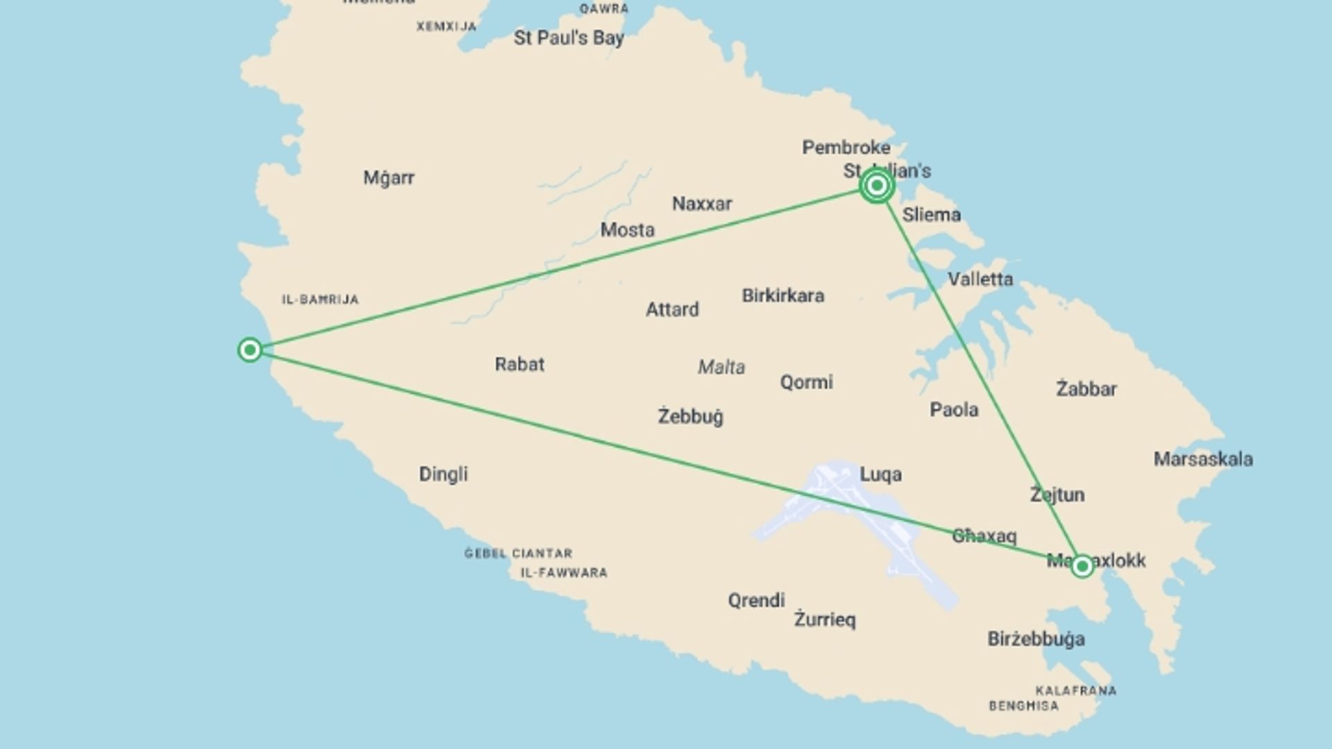 A map showing the tour itinerary for the trip: Secrets of Malta Walking, starting in St Julian's, Malta and ending in St Julian's, Malta going through 2 other destinations.