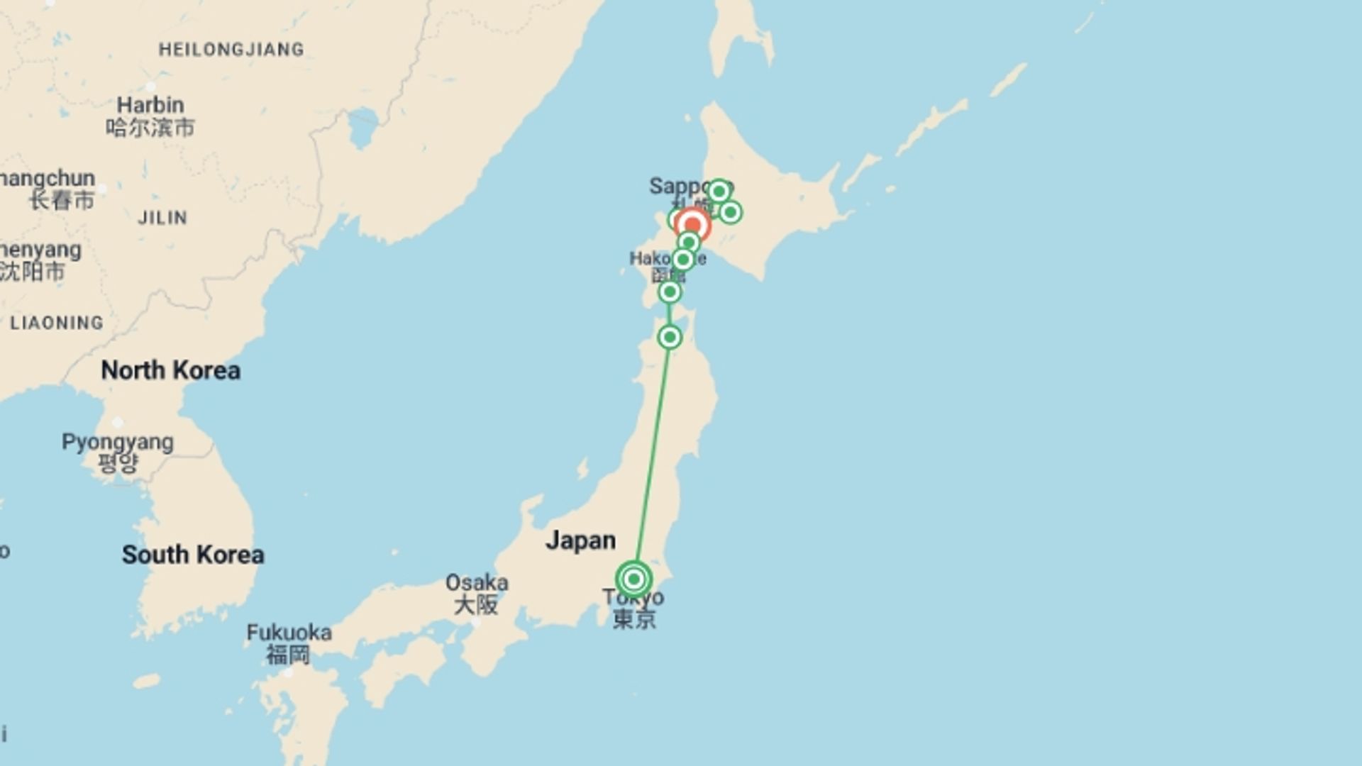 A map showing the tour itinerary for the trip: Northern Japan & Hokkaido Adventure, starting in Tokyo, Japan and ending in Sapporo, Japan going through 6 other destinations.