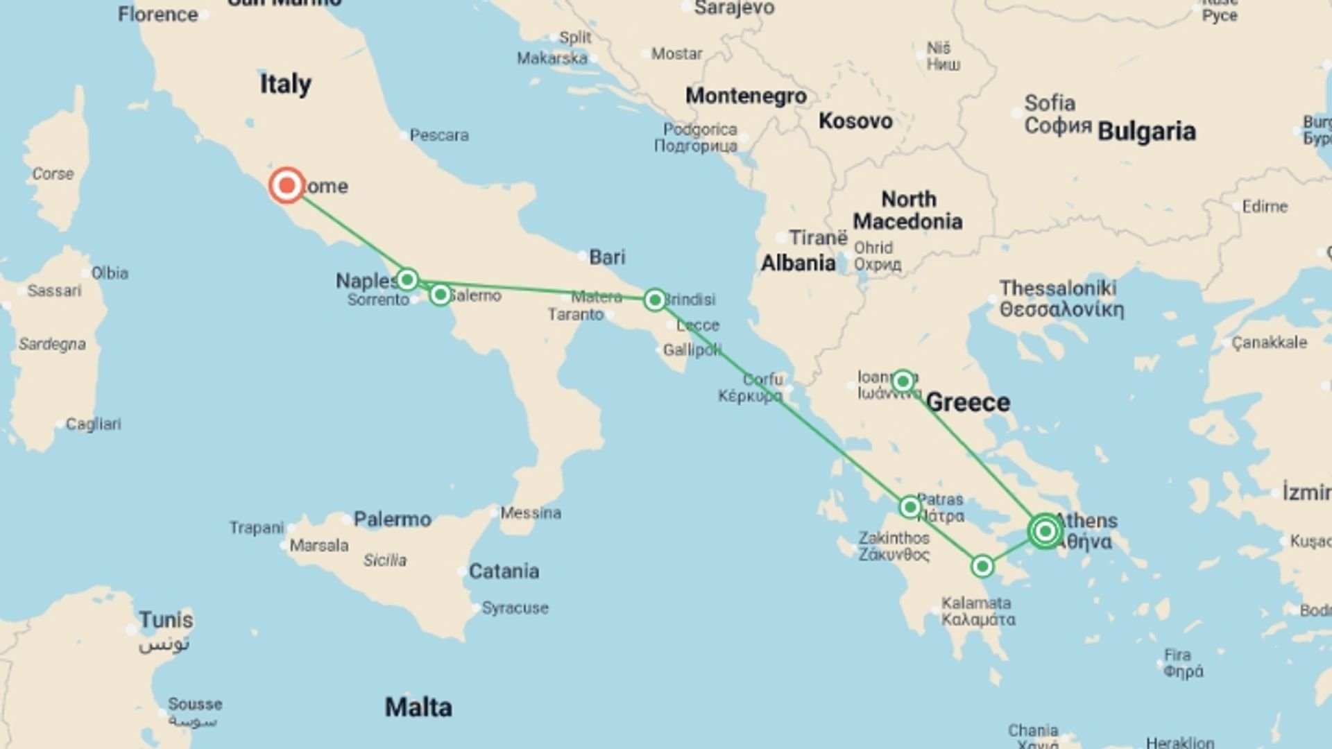 A map showing the tour itinerary for the trip: Complete Greece with Puglia and Campania, starting in Athens, Greece and ending in Rome, Italy going through 6 other destinations.