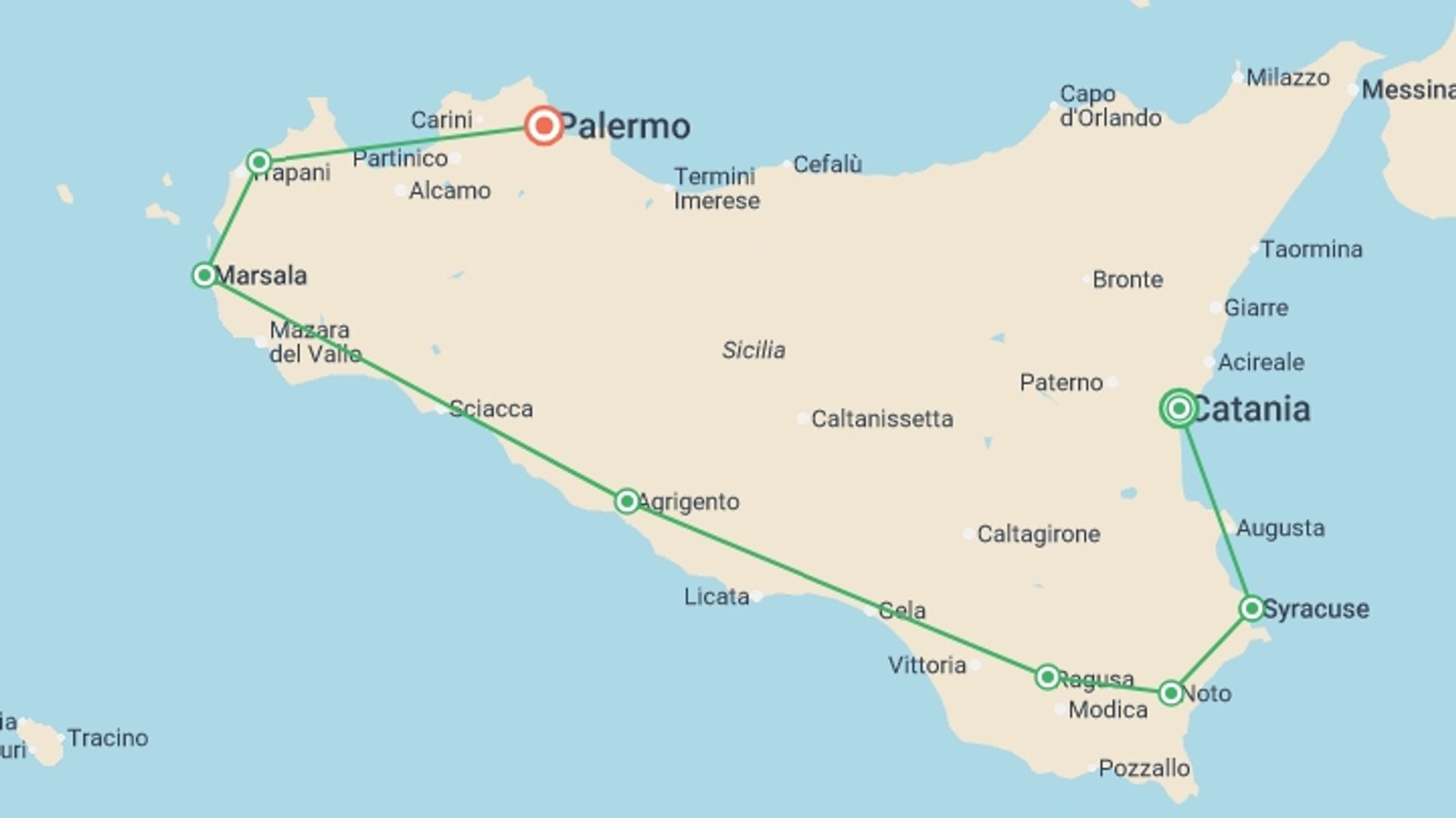 A map showing the tour itinerary for the trip: Italy: Highlights of Sicily, starting in Catania, Italy and ending in Palermo, Italy going through 3 other destinations.