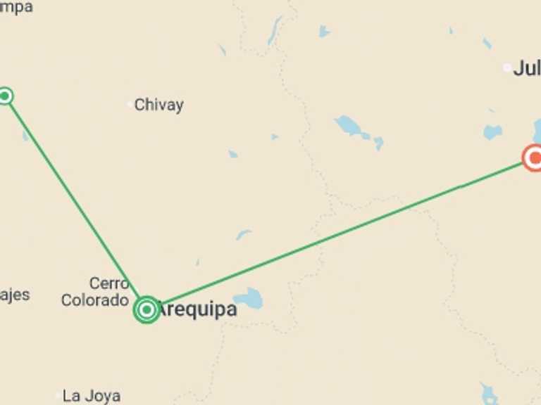 Map of 2-Day Peru Tour with 2 destination visits for the trip: 2-Day Colca Canyon Trek and transfer to Puno - Shared Room
