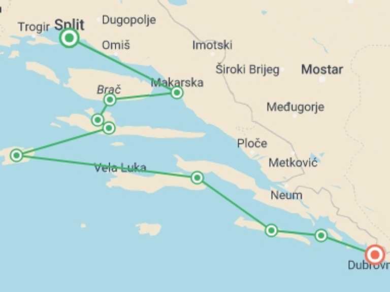 Map of Split Cruise Tour with 8 destination visits for the trip: Adriatic Southern Pearl Cruise from Split