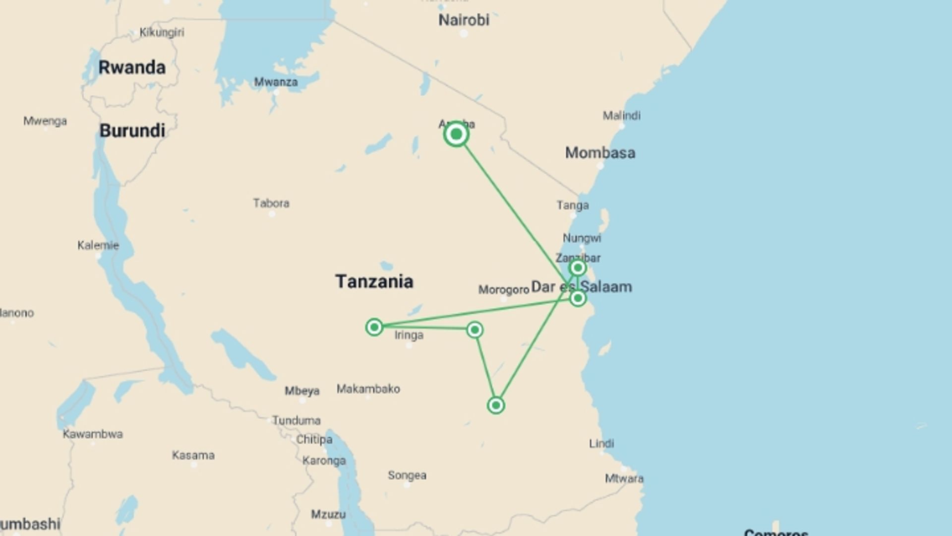 A map showing the tour itinerary for the trip: The Best of Tanzania Southern Circuit Safari, starting in Arusha, Tanzania and ending in Arusha, Tanzania going through 6 other destinations.