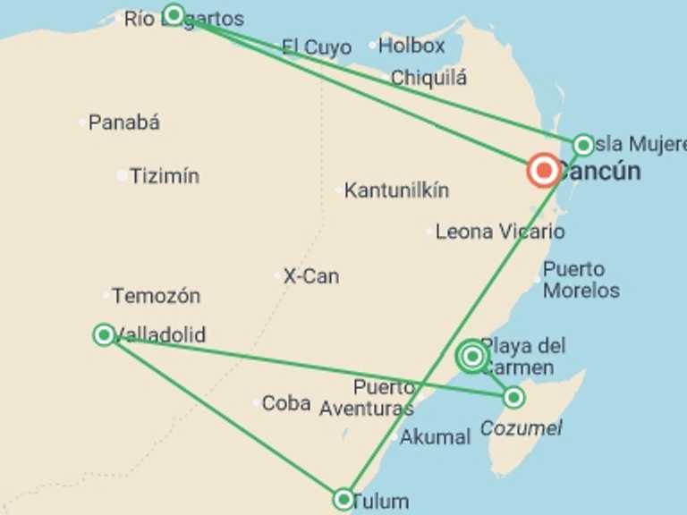 Map itinerary of North America Tour in December 2026 with 7 destination visits for the trip: Mexico’s Cancun & the Yucatan: See & Experience it all