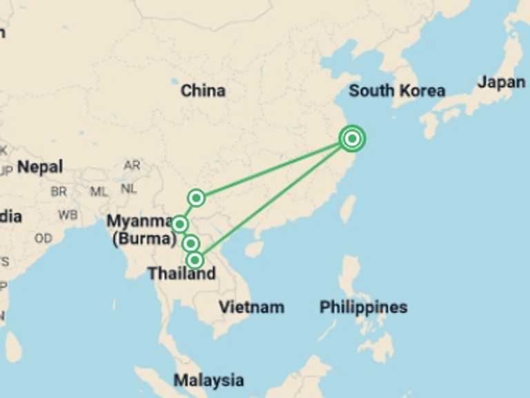 Map of China Tour with 5 destination visits for the trip: Cultural Marvels And Natural Treasures: From Shanghai To Laos Tour